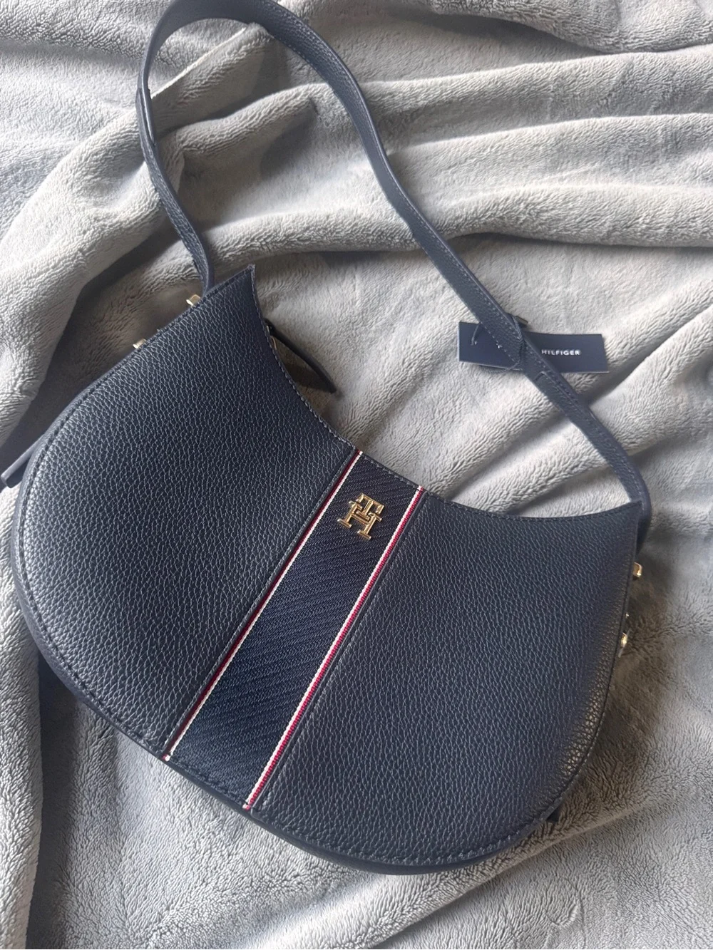 Tommy Hilfiger Navy Pebbled Leather Crescent Crossbody with Red & White Trim
